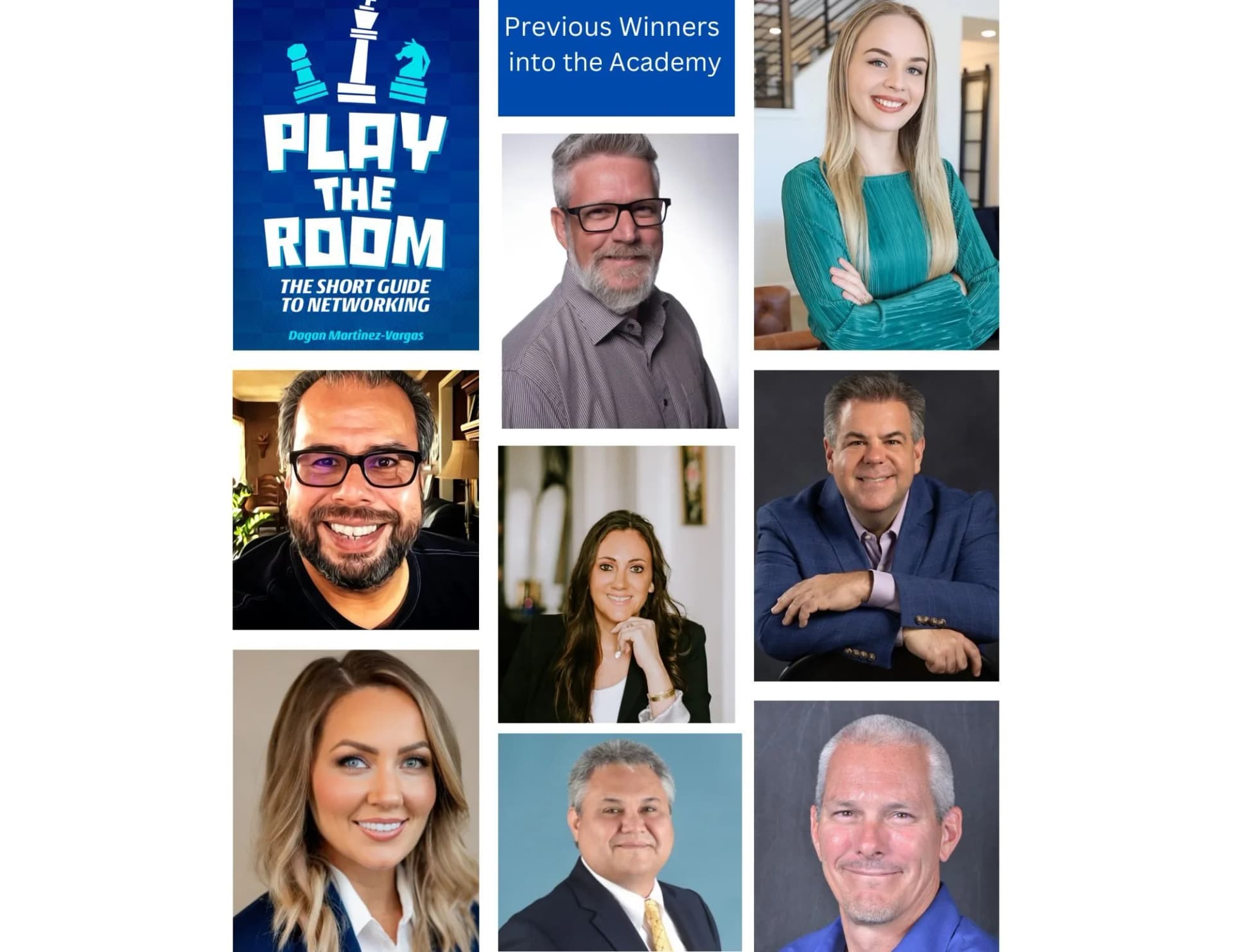 Past winners of the Play the Room Annual Awards, a collage of headshots beside the Play the Room book cover